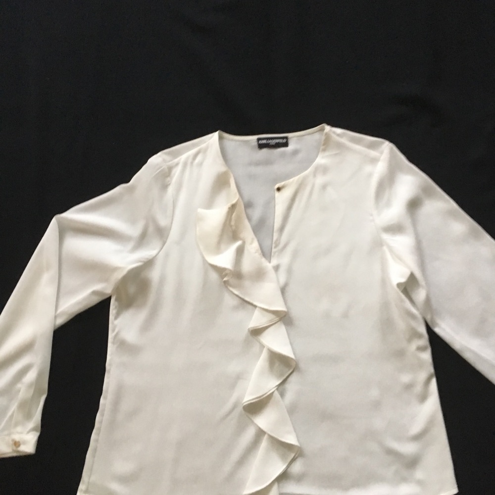 Karl lagerfeld, Chanel white blouse with ruffle.